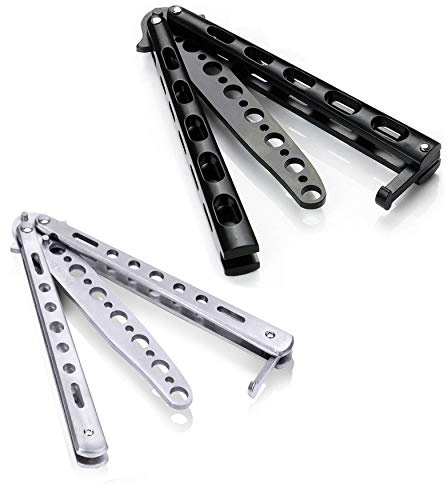 Moon Boat 2PCS Butterfly Training Set Metal Flipping Practice Tools for Beginners & Advanced Users Safe Design with Skeletonized Handles Black & Silver