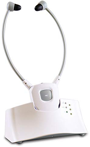 maxVitalis Kinnbügel Kopfhörer für Tv mit Akku (Betriebsdauer 6 Stunden), kabellose Funkkopfhörer für Senioren, 2.4GHz Übertragungsfrequenz, Lautstärke seperat einstellbar, 30 m Reichweite, Weiß