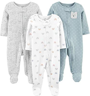 Simple Joys by Carter's Unisex Babies' Cotton Footed Sleep and Play, Pack of 3, Bear/Llama/Rainbow, 3-6 Months