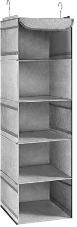 BrilliantJo Organizador de Armario Colgante con 5 Compartimentos y 6 Bolsillos Laterales, Estantes de Almacenamiento Colgantes con 2 Ganchos 30 * 30 * 108cm Gris Claro