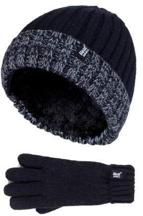 HEAT HOLDERS - Children Boys Winter Warm Fleece Lined Insulated Knit Turn Over Cuff Ribbed Hat and Gloves Set (7-10 Years, BS2P9710)