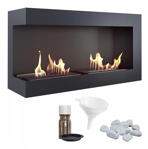KRATKI Delta 900 Bio Ethanol Eckkamin Links + Kieselsteine + Trichter + Aromatherapie-Set | Wand- oder Nischenmontage l Biocontainer 0,5 l, TÜV | Stahl, Verglasung, 48 x 90 cm, Schwarz