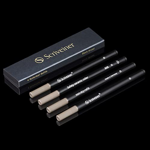 Scriveiner Rollerball Refill Black Broad - 4 Rollerball Refills Designed for Scriveiner Pens - Safety Ceramic Non Dry Roller Pen Refill B - Schmidt 888 Size – Made in Germany