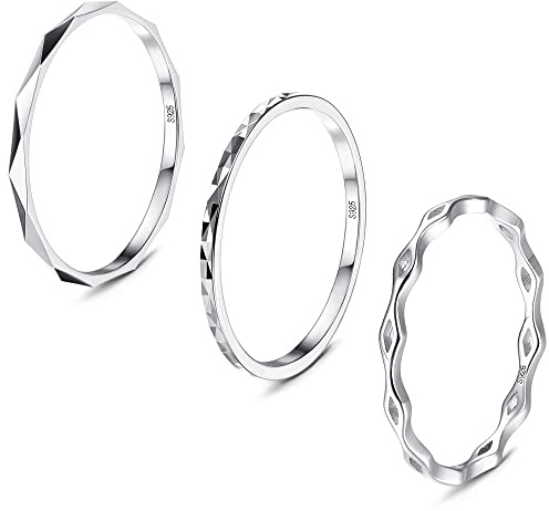 KRFY 3 Piezas Anillos para Mujeres Hombres Plata de Ley 925 Anillos Apilables Banda Lisa Apilamiento de Nudillos Simples Chapados Oro Blanco 18 Quilates Corte Diamante 49.3mm-62.1mm