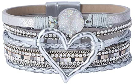 FGFD&OU Lederarmband Damen Leder Wickelarmbänder Baum des Lebens Armband mit Magnetverschluss aus Edelstah Bracelet für Frauen & Mädchen (Silber)