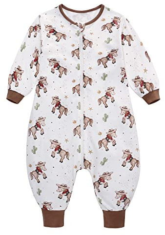 Baby Schlafsack Sommer mit Füßen 0.5 Tog 100% Baumwolle Kinder Sommerschlafsack mit Ärmel für Jungen und Mädchen (Pferd, L/2-4T)