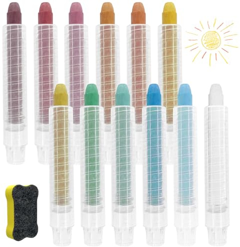 Sheryl&Rain Craies Extérieures Enfant Sans Poussière,12 Pièces Craie Pour Tableau Noir Craies Couleur Avec 12 Porte Craie Rétractile,Hydrosoluble non Toxiques Grosse Crai Enfant Extérieur