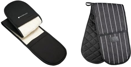 MasterClass Black Cotton Oven Gloves, Heat Resistant, Double-Sided, Heavy-Duty, 51 cm, MasterChef Official, Vegan Leather Detailing