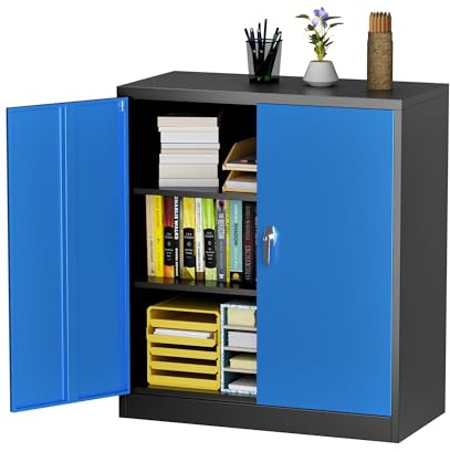 SUPEER Metallschrank mit verschließbaren Türen und Regalen, abschließbarer Stahlschrank mit 2 verstellbaren Regalen, Zuhause, Büro, H 90 x B 80 x T 40 cm, Montage erforderlich (Schwarz/Blau)