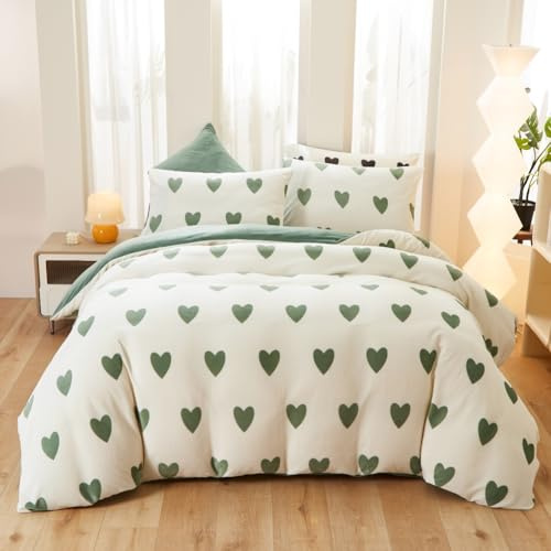 Covebett Ropa de cama de franela de 200 x 220 cm, color verde y blanco, diseño de corazones, franela de invierno, reversible, 3 piezas, funda nórdica y 2 fundas de almohada de 80 x 80 cm, con