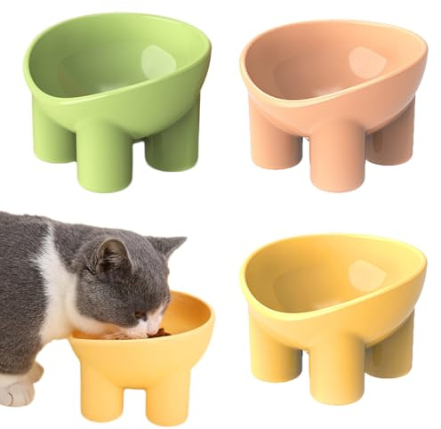 Cat Bowls, Non-Slip Multi-Purpose Cat Food Bowl Pet Water Bowl Cat Feeding Bowl, Elevated Cat Bowl, Elevated Cat Feeding Bowl with Tilt Stand, Set of 3(Green, Pink, Yellow)
