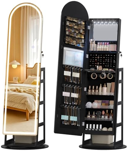 LVSOMT LED Arqué Armoire à bijoux avec Miroir, Rotative à 360 Miroir Rangement bijoux avec éclairag, Bois Miroirs bijoux sur pied avec Verrouillable, Miroirs pleine longueur avec rangement, Noir