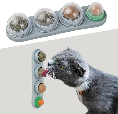 Ziyonix Paquete de 4 bolas de hierba gatera para gatos, juguetes giratorios para lamer gatitos, bolas comestibles de hierba gatera, bola de pared de hierba gatera, juguetes para gatos que juegan a