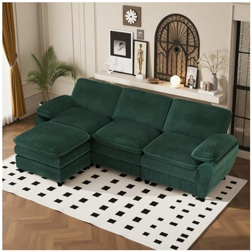 Wyibwy Sofá de 3 plazas, sofá de esquina, sofás modulares en L, con doble cojín, sofá de salón con funda extraíble, tejido de terciopelo arrugado (Verde)