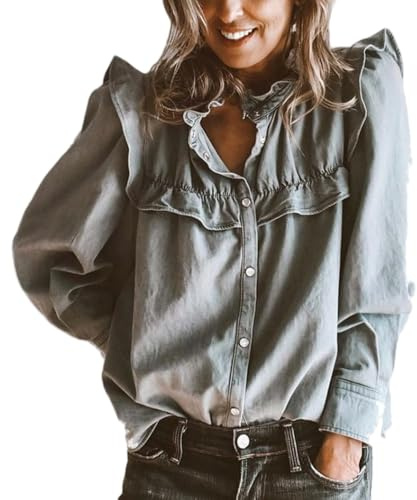 LIUYUYOUGO Camicia Donna Camicia da Donna in Denim con Bottoni A Pressione Maniche Lunghe Stile Western con Volant Colletto Alto Babydoll in Denim Camicette Grigie Jeans Strappati Tunica Top Autunno