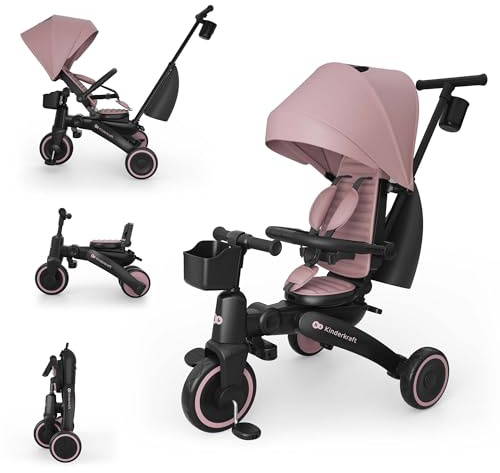 Kinderkraft Jazz 3 Triciclo, Asiento Giratorio 360°, posición semirreclinada, Plegable, Capota UPF 50+, Manillar para Padres, función de Bicicleta de Equilibrio, Rosa