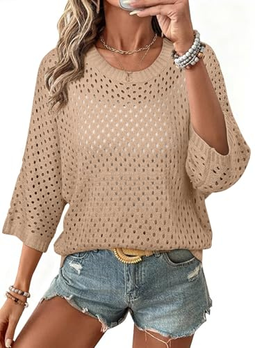 SHEWIN Womens Tops Dressy Casual Crewneck Lightweight Sweaters for Women Pullover Mesh Top Women Knit Spring Clothes for Women,US 8-10(M),Parchment