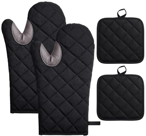 Halinuia 2 guanti da forno con 2 presine, resistenti al calore, guanti da forno in cotone antiscivolo, guanti da forno lavabili, colore nero, per cucinare e grigliare