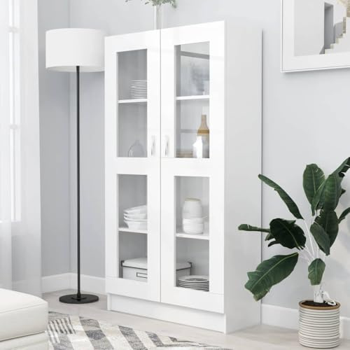 SKTQYQO Armadietto con Vetrina Bianco 82,5x30,5x150cm Legno Multistrato, Libreria con 4 Scomparti e 2 Ante per Soggiorno e Ufficio, Mobile da Esposizione per Oggetti Decorativi