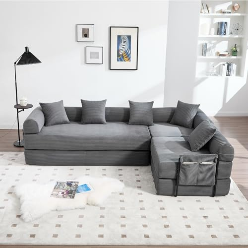 Zubaliya Sofá modular de 4 plazas que se puede combinar libremente, sofá de esquina convertible con bolsillos laterales, sofá cama de terciopelo acanalado (D-Gris)
