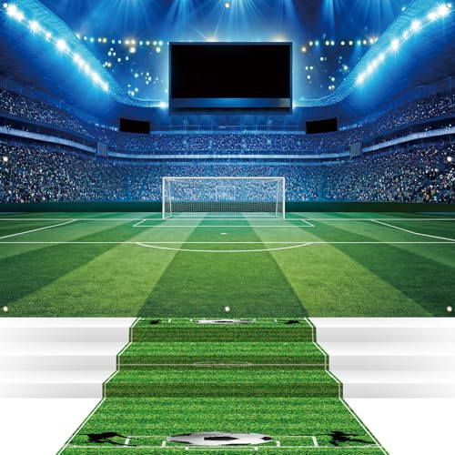 Hahafelt 2 Pcs Soccer Party Decoration Set 80'' x 60'' Football Field Backdrop 10 ft Ball Floor Runners Sports Themed Birthday Party Background Ball Field Rug Sports Wall Photo Prop Sign Lawn Supply