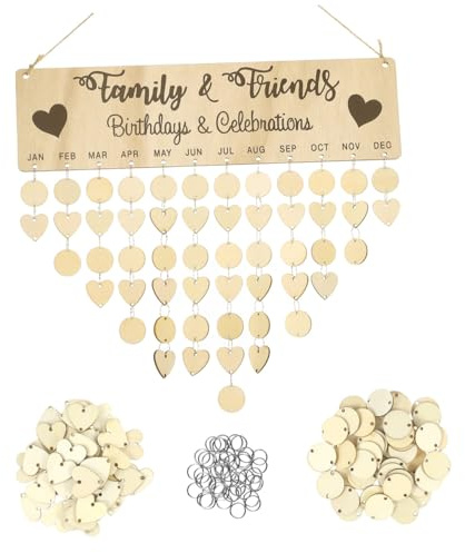 NIYANGLE Placca del Calendario in Legno da Appendere con Promemoria Compleanno, Tavola Pianificazione con Corda e 50 Pendenti Rotondi a Forma di Cuore per Decorazione Casa e Festa