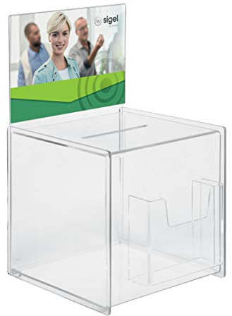SIGEL Va152 Boîte à Donations avec Compartiment Supplémentaire en Acrylique, Porte-Affiche pour A5, 21 X21 X 36,8 cm, Transparent