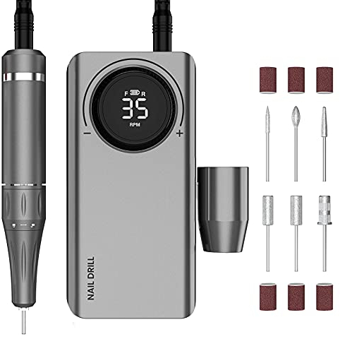 Nagelfräser Akku, Maniküre Set Elektrische Nagelfeile 35000 U/Min, Delanie Nagelfräser Für Gelnägel Acrylgel Nagelhaut Entferner, Fußpflege Pediküre Nageldesign mit LED-Anzeige USB-Aufladung -Grau