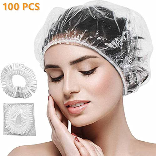 Shower Caps Clear Plastic Elastic Bath Cap Waterproof Hair Caps for Spa, Home Use, Hotel and Hair Salon Supplies Portable Travel, Transparent - 100 Pcs