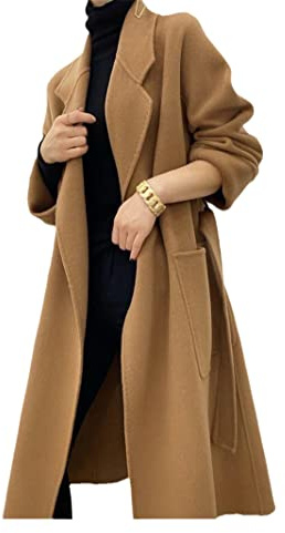 Mornattt Cappotto di lana da donna con cintura, maniche lunghe, tinta unita, casual, caldo, lungo, cammello, grande