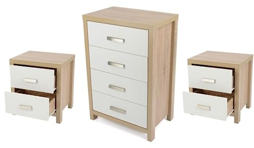 Meyvaser Conjunto Dormitorio Cómoda 4 Cajones y 2 mesillas de Noche, Color Cambria y Blanco