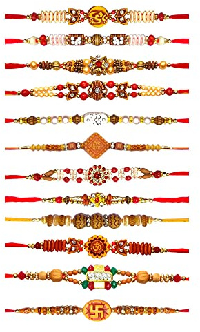 Tulpan uppsättning av 12 Rakhi för bror och Bhabhi, Rakhi armband, Rakhi tråd Rakhee för bror Raksha Bandhan armband