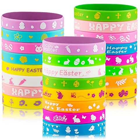 hexiaoxiao 24pcs Easter Rubber Bracelets Silicone Wristbands for Easter Party Favors Supplies Rubber Bracelets for kids&teens Gifts Easter Egg Fillers Gifts for Girls Boys Basket Stuffers Accessories