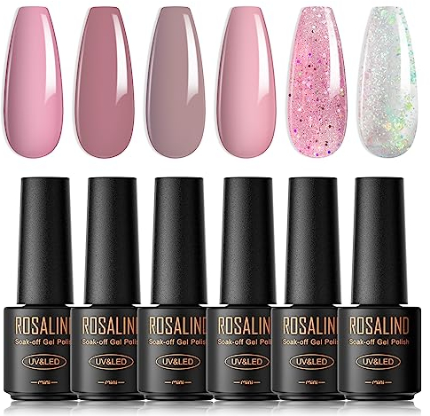 ROSALIND Smalto Semipermanente, 6 Colori Mini Rosa Argento Glitterato Smalto Semipermanente Unghie, Soak Off UV/LED Lampada Smalto Per Unghie Diy Manicure Nail Art Set