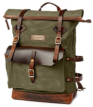 DRAKENSBERG Rolltop - Zaino Adam in tela cerata con pelle, impermeabile – perfezione artigianale fino a 30 l, Foresta verde, Zaino tradizionale