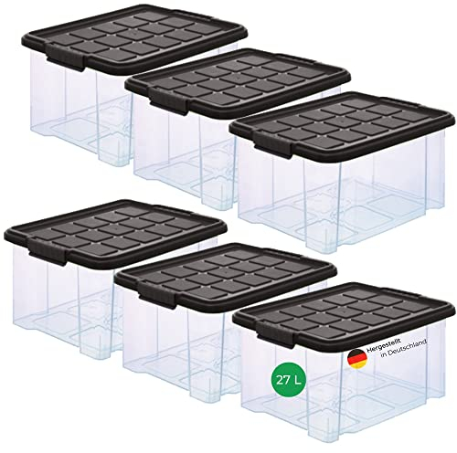 Novaliv 6x Aufbewahrungsboxen mit Deckel 27L Anthrazit Nestbar stapelbare Storage boxes mit Clipverschluss Kunststoffbox BPA-frei 46,5x36,5x24 cm