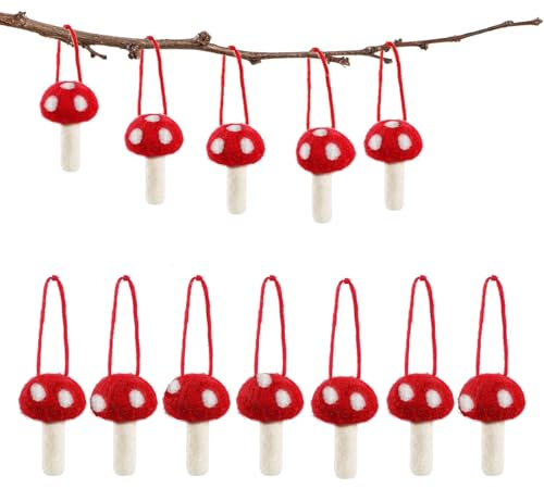 10Pcs Small Felt Mushroom Ornaments Garland DIY Arts Crafts Supplies Mushroom Hanging Ornaments with Rope for Fall Thanksgiving Christmas Tree Wall Home Decor, Red