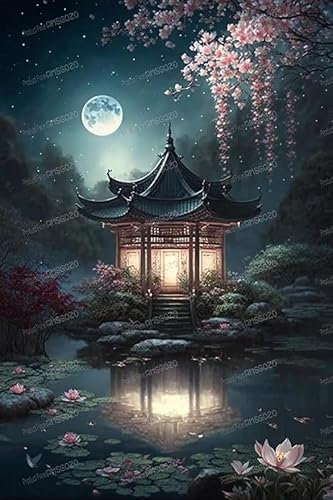 MKANLKX 5D Diamond Painting Kits Vintage Lake Pavilion Round Diamond Cross Stitch Kits, For Parents-Children Interrction Gift 40X50Cm