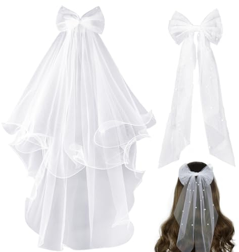 TYXHXTF Schleier Braut, Brautschleier mit Schleife, Braut Tüll Schleier mit Kamm, Weiße Schleife Haarspangen, für Junggesellinnenabschied Hochzeit Zubehör Schleier