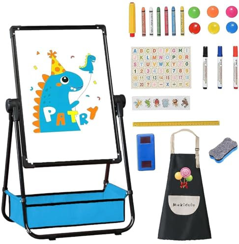 Mekidulu Easel kids,63cm-107cm Adjustable 360° Rotating-Double Sided Iron Kids Easel-with Apron, Alphabet Cartoon. Magnetic Whiteboard with Pencil and Eraser,Blackboard for kids.(Black)
