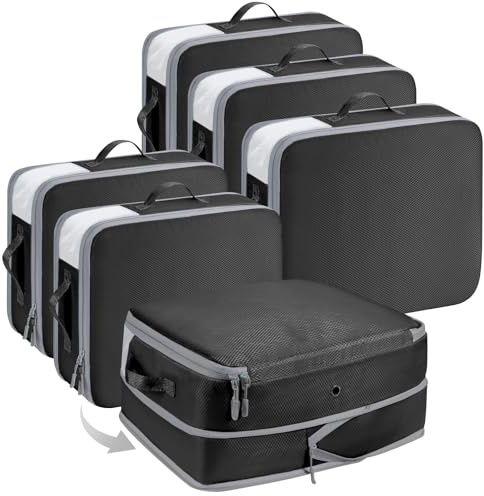 Homsorout Space Saving Compression Organisers - Set of 6, Expandable Storage Bags for Bedding & Clothing Large Capacity Compressible Packing Cubes with Clear Window, Black