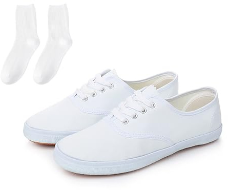 Womens Mens Plimsoles LACE UP Flat Pumps Plimsolls Canvas Slip-On Sneakers Size 6 White