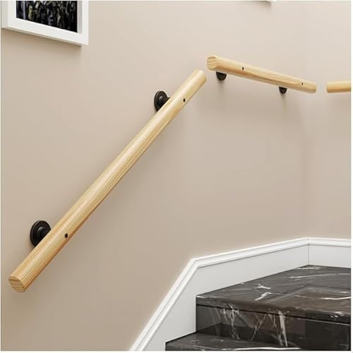Wooden Handrail for Stairs – Anti-Slip Wall Mounted Safety Stair Railing with Brackets, Adjustable Indoor/Outdoor Banister Rail for Elderly & Children (Wood, 180CM)