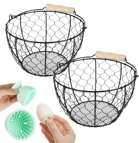 2 Pcs Egg Basket With Handle,Wire Egg Basket for Gathering Fresh Eggs, Round Egg Collecting Basket for Farm,Vintage Style Chicken and Duck Eggs Basket Egg Countertop Storage Container Holder ﻿
