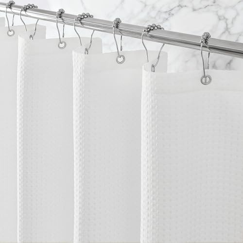 Zemyovia White Waterproof Waffle Shower Curtain, 260GSM Heavy Duty Fabric with 12 Stainless Steel Hooks, 180 x 180 cm, Luxury Hotel Spa Style for Bathroom, Machine Washable