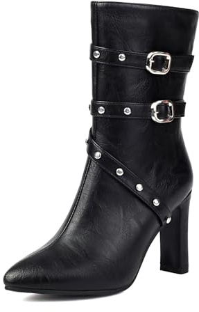 Botines De Cuero PU con Tachuelas para Mujer con Hebilla Tacón Alto Grueso Botines Punk Punta Puntiaguda Botas Cortas con Cremallera,Negro,41 EU