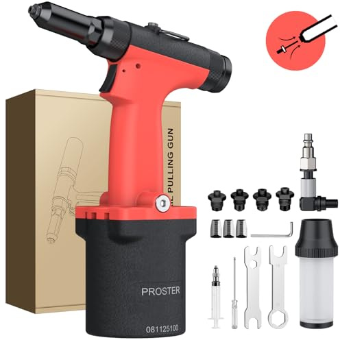 Proster Pistola Rivettatrice Pneumatica Leggera con Auto-Adescamento 4 Boccole Intercambiabili 2.4mm-4.8mm Interruttore Angolare a 360° per Auto Officina Lavori DIY Trazione 1000KGF Pressione 8-10Bar