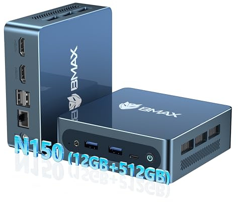 BMAX Mini PC Win 11 Pro Intel N150 (N100/N95 actualizado) 12 GB LPDDR5 512 GB M.2 NVMe SSD, Doble Pantalla 4K @60Hz Mini Ordenador de Sobremesa WiFi, BT/Type-C, Micro PC para Oficina Negocios