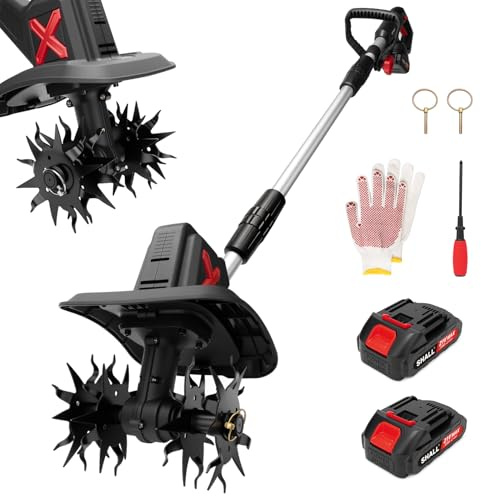 SHALL 21V Motozappa elettrica , completa di 2 batterie e caricabatterie，Area di lavoro: 22,8 cm x 16,8 cm, ideale per la lavorazione di prato, giardino e terreno