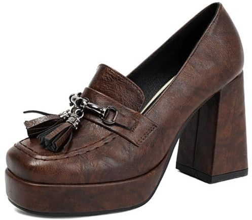 Eestfy Pumps De Plataforma Retro Borla Tacón Grueso Punta Cuadrada Slip On Court Zapatos Mocasines Vintage para Estilo Callejero Y Atuendo Diario,Marrón,38 EU